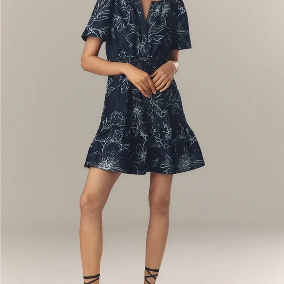 Anthropologie Denim Navy Floral Mini Dress - Picture 4 of 6